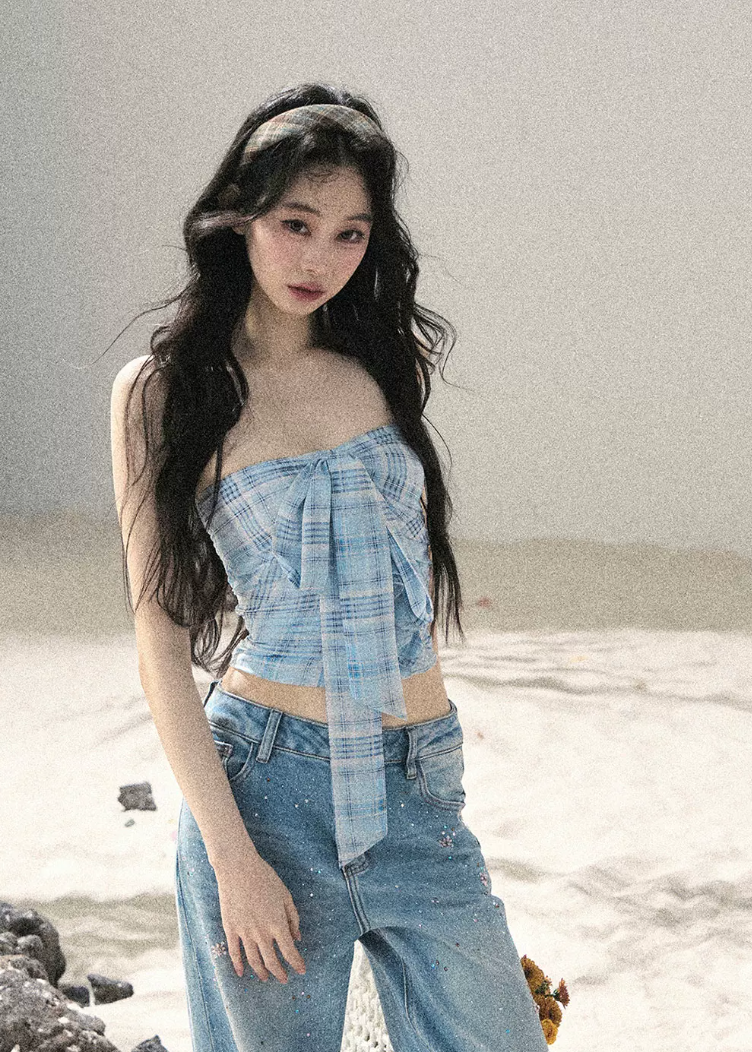 aomalm top set, blue plaid top, strapless bow top, korean feminine top, plaid bandeau top, summer cardigan set, blue danube top, sweet spicy summer top, feminine korean fashion, short summer top, plaid cami top, korean vacation outfit