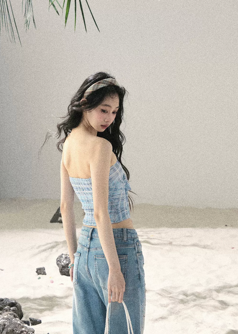 aomalm top set, blue plaid top, strapless bow top, korean feminine top, plaid bandeau top, summer cardigan set, blue danube top, sweet spicy summer top, feminine korean fashion, short summer top, plaid cami top, korean vacation outfit
