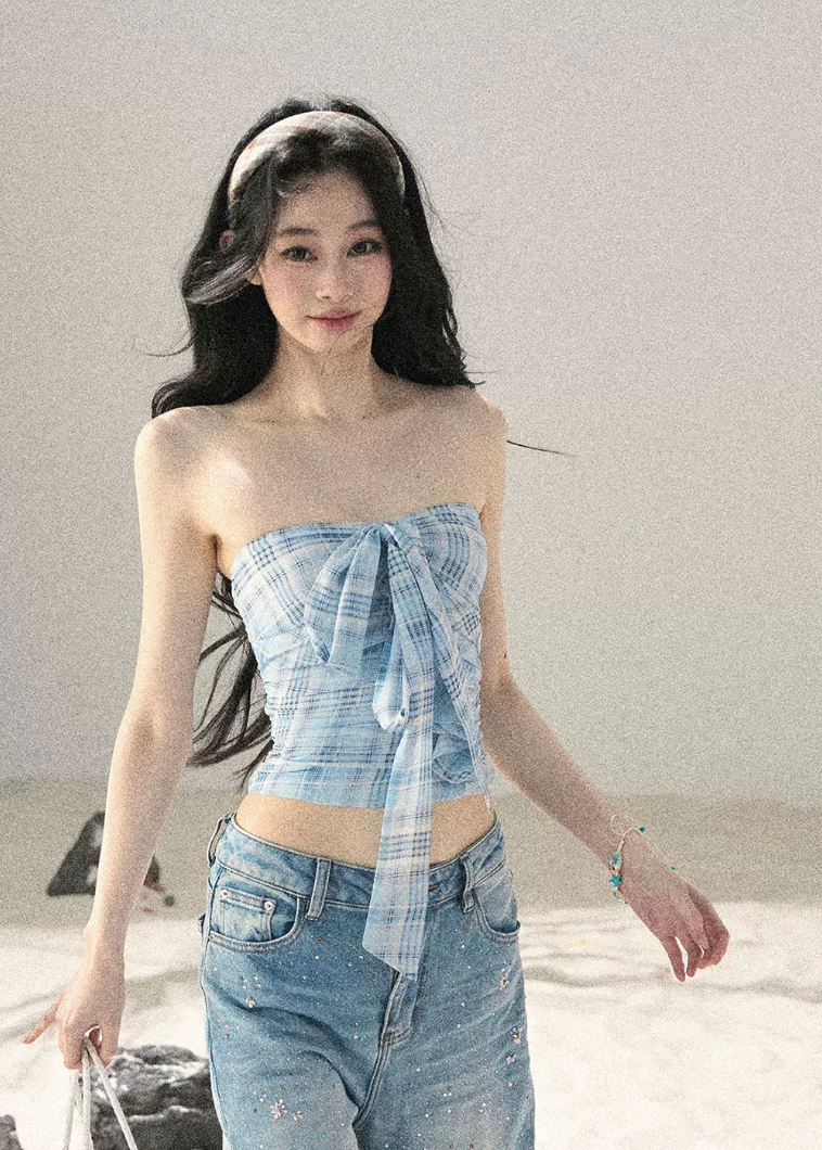 aomalm top set, blue plaid top, strapless bow top, korean feminine top, plaid bandeau top, summer cardigan set, blue danube top, sweet spicy summer top, feminine korean fashion, short summer top, plaid cami top, korean vacation outfit