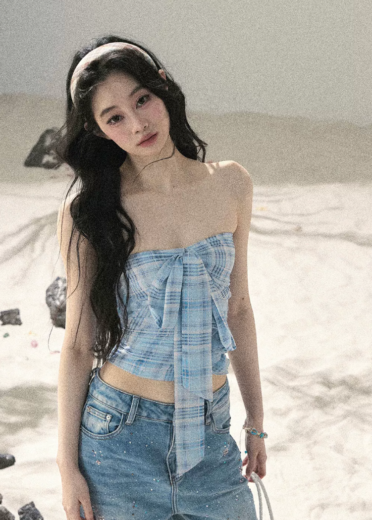 aomalm top set, blue plaid top, strapless bow top, korean feminine top, plaid bandeau top, summer cardigan set, blue danube top, sweet spicy summer top, feminine korean fashion, short summer top, plaid cami top, korean vacation outfit
