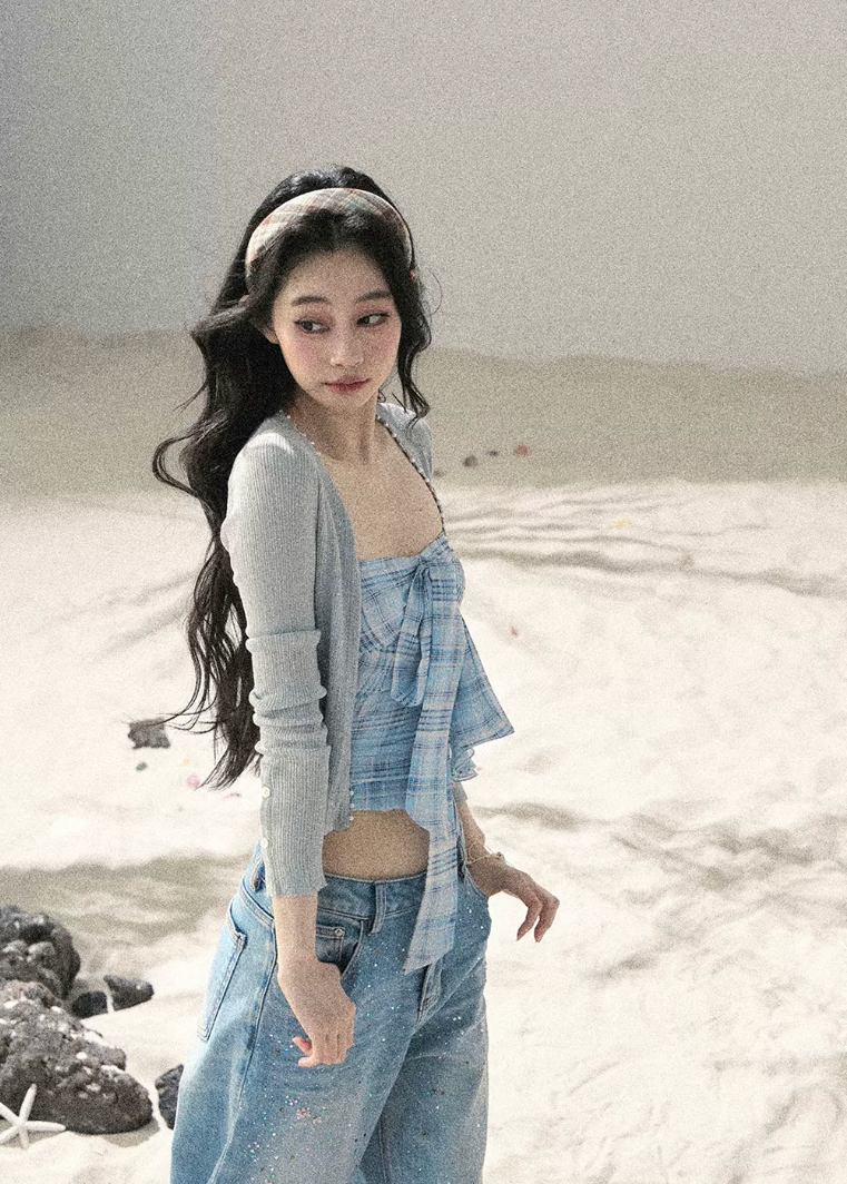 aomalm top set, blue plaid top, strapless bow top, korean feminine top, plaid bandeau top, summer cardigan set, blue danube top, sweet spicy summer top, feminine korean fashion, short summer top, plaid cami top, korean vacation outfit