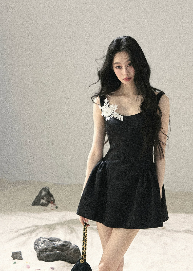 aomalm dress, black mini dress, floral lace dress, french floral dress, korean feminine dress, wisteria mini dress, puffy skirt dress, jacquard mini dress, black romantic dress, lace applique dress, feminine summer dress, elegant korean fashion