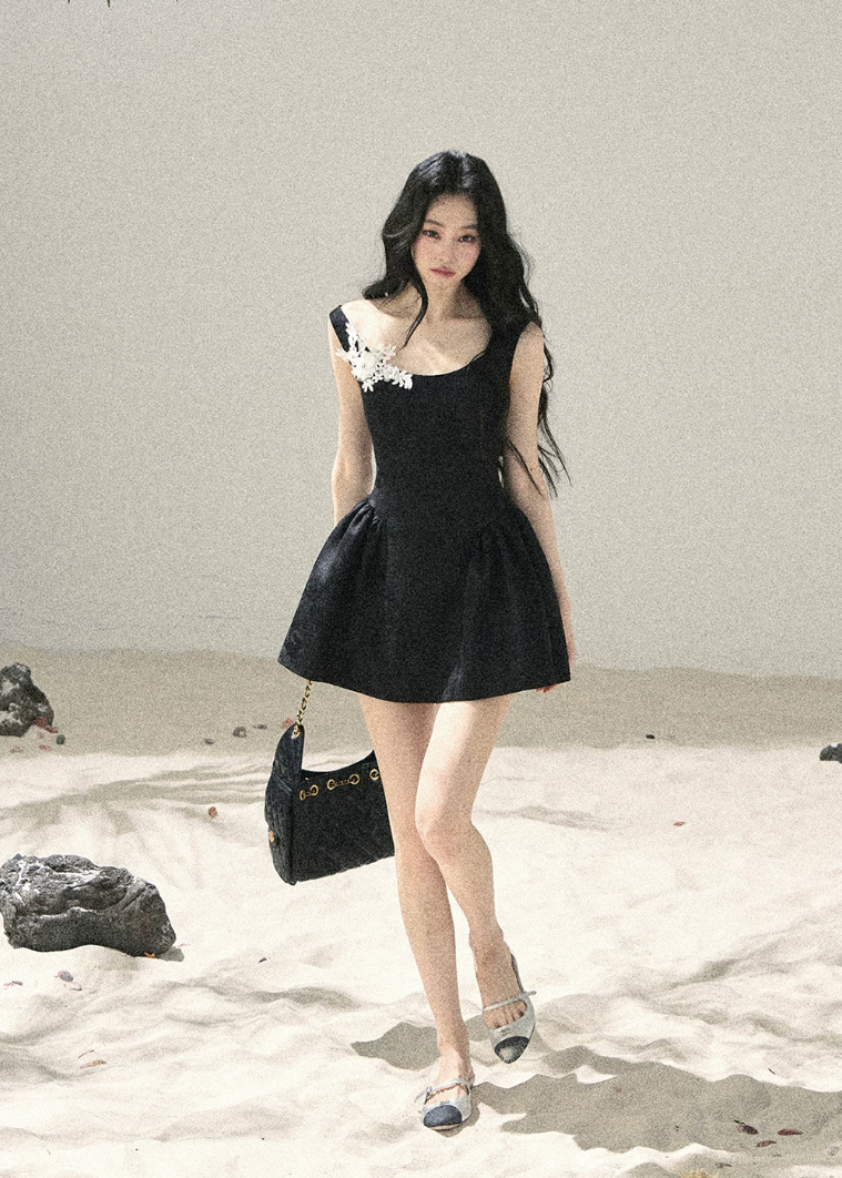 aomalm dress, black mini dress, floral lace dress, french floral dress, korean feminine dress, wisteria mini dress, puffy skirt dress, jacquard mini dress, black romantic dress, lace applique dress, feminine summer dress, elegant korean fashion