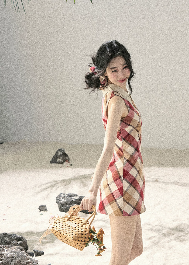 aomalm dress, plaid mini dress, polo collar dress, korean feminine dress, french vintage dress, diamond plaid dress, cotton summer dress, hip hugging mini dress, seaside summer dress, romantic plaid dress, korean summer fashion, feminine mini dress
