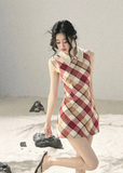 aomalm dress, plaid mini dress, polo collar dress, korean feminine dress, french vintage dress, diamond plaid dress, cotton summer dress, hip hugging mini dress, seaside summer dress, romantic plaid dress, korean summer fashion, feminine mini dress