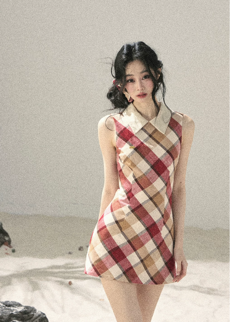 aomalm dress, plaid mini dress, polo collar dress, korean feminine dress, french vintage dress, diamond plaid dress, cotton summer dress, hip hugging mini dress, seaside summer dress, romantic plaid dress, korean summer fashion, feminine mini dress