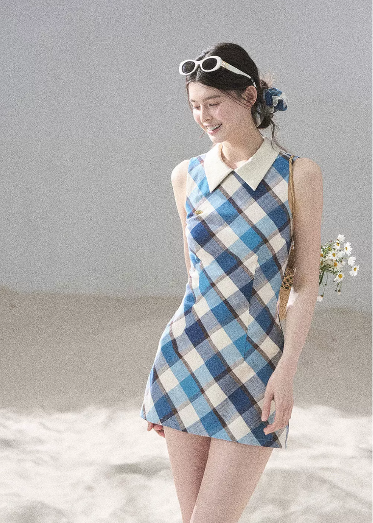 aomalm dress, plaid mini dress, polo collar dress, korean feminine dress, french vintage dress, diamond plaid dress, cotton summer dress, hip hugging mini dress, seaside summer dress, romantic plaid dress, korean summer fashion, feminine mini dress