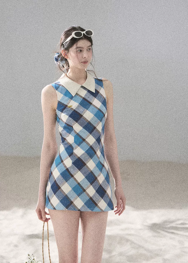 aomalm dress, plaid mini dress, polo collar dress, korean feminine dress, french vintage dress, diamond plaid dress, cotton summer dress, hip hugging mini dress, seaside summer dress, romantic plaid dress, korean summer fashion, feminine mini dress