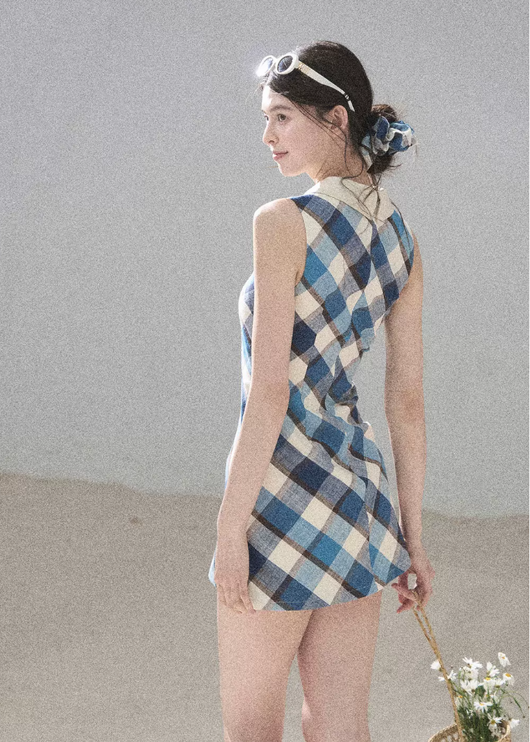 aomalm dress, plaid mini dress, polo collar dress, korean feminine dress, french vintage dress, diamond plaid dress, cotton summer dress, hip hugging mini dress, seaside summer dress, romantic plaid dress, korean summer fashion, feminine mini dress