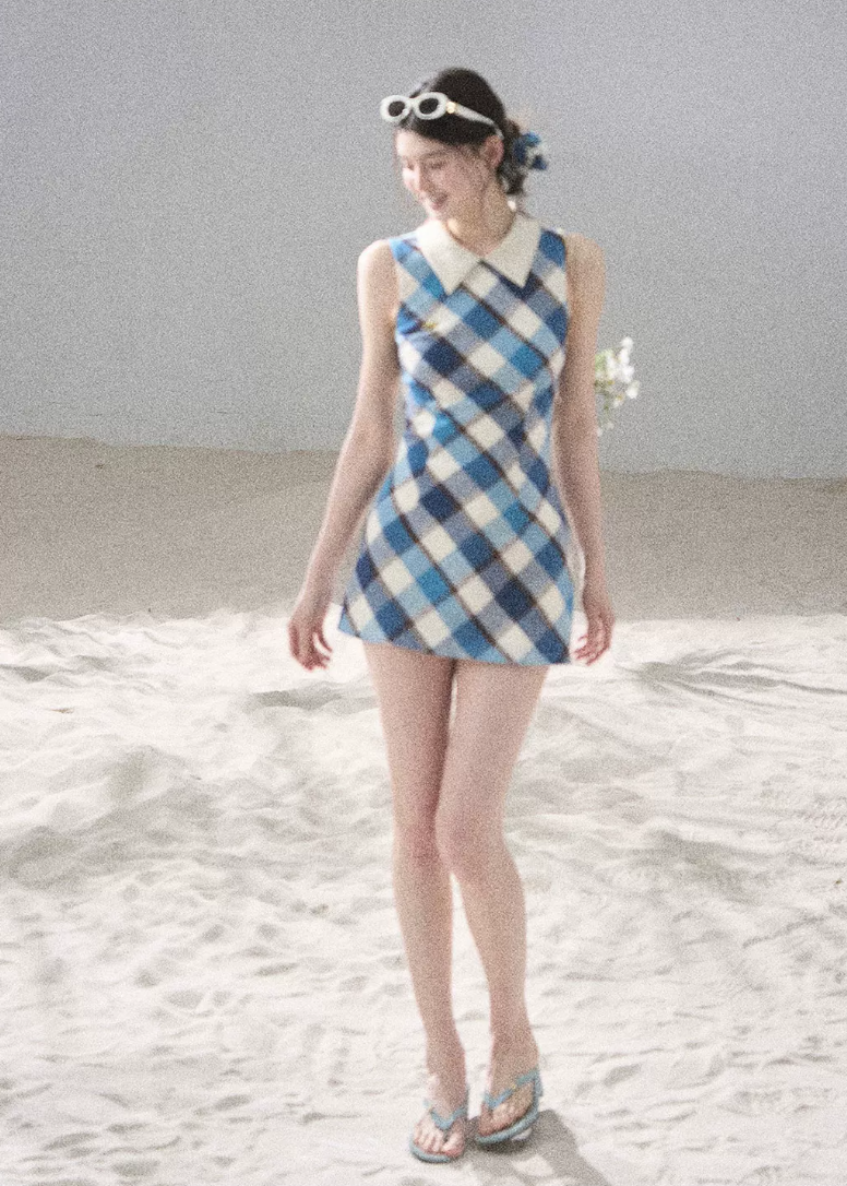 aomalm dress, plaid mini dress, polo collar dress, korean feminine dress, french vintage dress, diamond plaid dress, cotton summer dress, hip hugging mini dress, seaside summer dress, romantic plaid dress, korean summer fashion, feminine mini dress