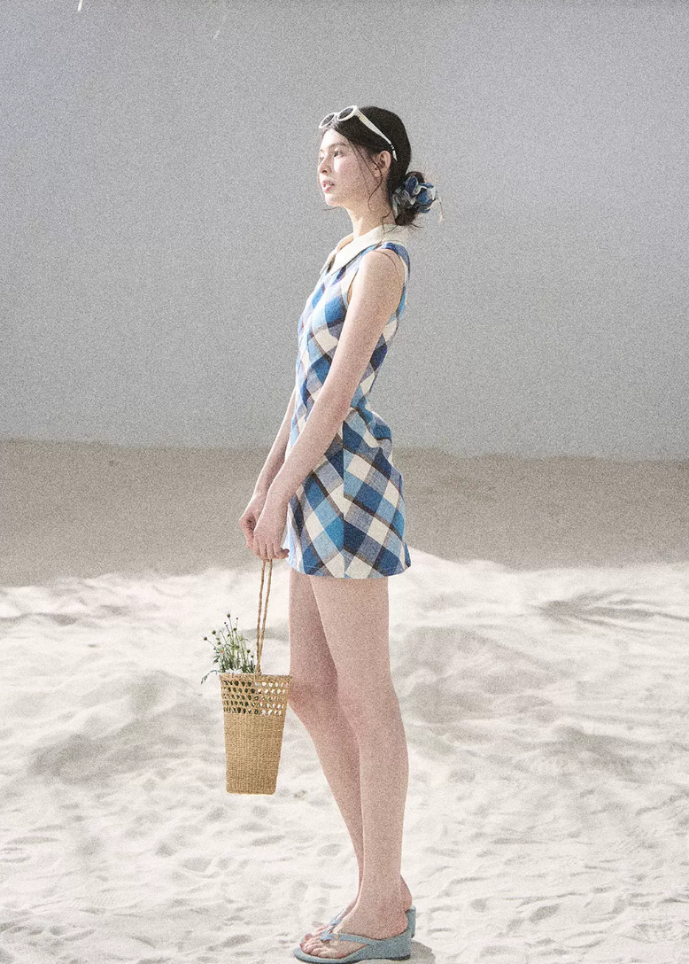 aomalm dress, plaid mini dress, polo collar dress, korean feminine dress, french vintage dress, diamond plaid dress, cotton summer dress, hip hugging mini dress, seaside summer dress, romantic plaid dress, korean summer fashion, feminine mini dress