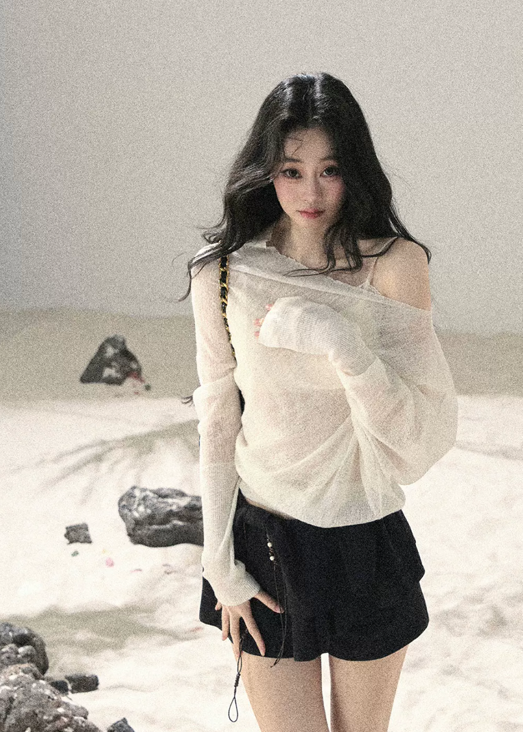 aomalm top, sheer off shoulder top, sunscreen cover up top, korean feminine top, loose summer top, translucent cover up, hazy fog top, pure desire top, asymmetric sleeve top, summer layering top, feminine korean fashion, resort cover up blouse