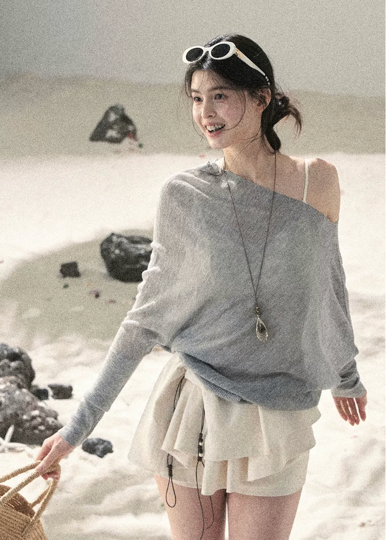 aomalm top, sheer off shoulder top, sunscreen cover up top, korean feminine top, loose summer top, translucent cover up, hazy fog top, pure desire top, asymmetric sleeve top, summer layering top, feminine korean fashion, resort cover up blouse