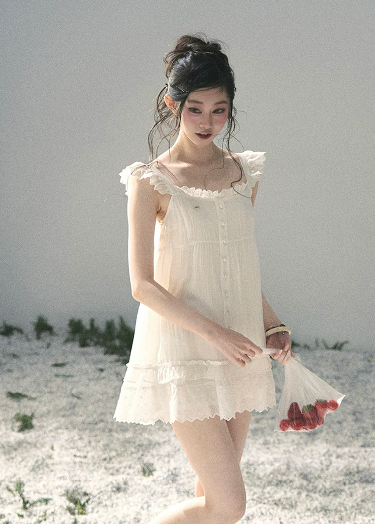 aomalm dress, white lace mini dress, french doll dress, flutter sleeve dress, korean feminine dress, summer lace dress, romantic white dress, button front mini dress, lace trim dress, feminine summer dress, doll mini dress, soft white vacation dress