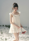 aomalm dress, white lace mini dress, french doll dress, flutter sleeve dress, korean feminine dress, summer lace dress, romantic white dress, button front mini dress, lace trim dress, feminine summer dress, doll mini dress, soft white vacation dress