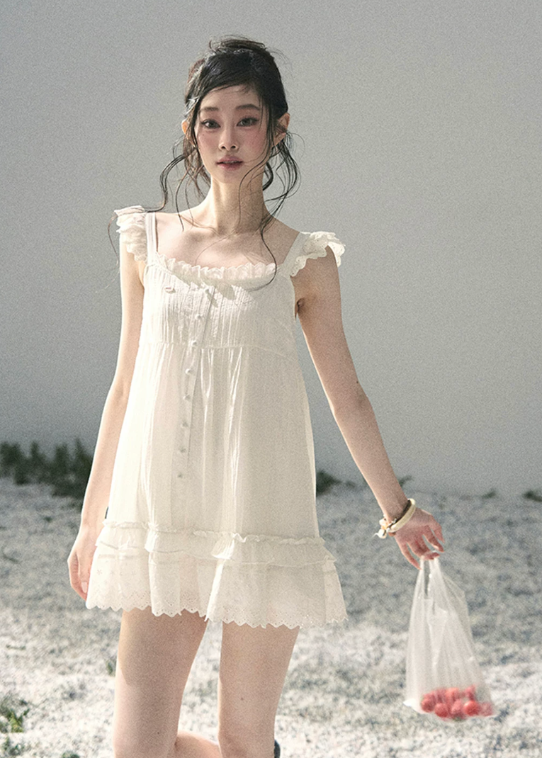 aomalm dress, white lace mini dress, french doll dress, flutter sleeve dress, korean feminine dress, summer lace dress, romantic white dress, button front mini dress, lace trim dress, feminine summer dress, doll mini dress, soft white vacation dress