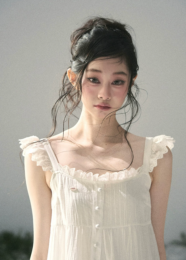 aomalm dress, white lace mini dress, french doll dress, flutter sleeve dress, korean feminine dress, summer lace dress, romantic white dress, button front mini dress, lace trim dress, feminine summer dress, doll mini dress, soft white vacation dress