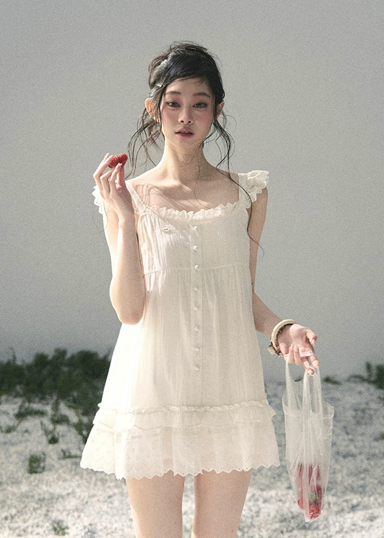 aomalm dress, white lace mini dress, french doll dress, flutter sleeve dress, korean feminine dress, summer lace dress, romantic white dress, button front mini dress, lace trim dress, feminine summer dress, doll mini dress, soft white vacation dress