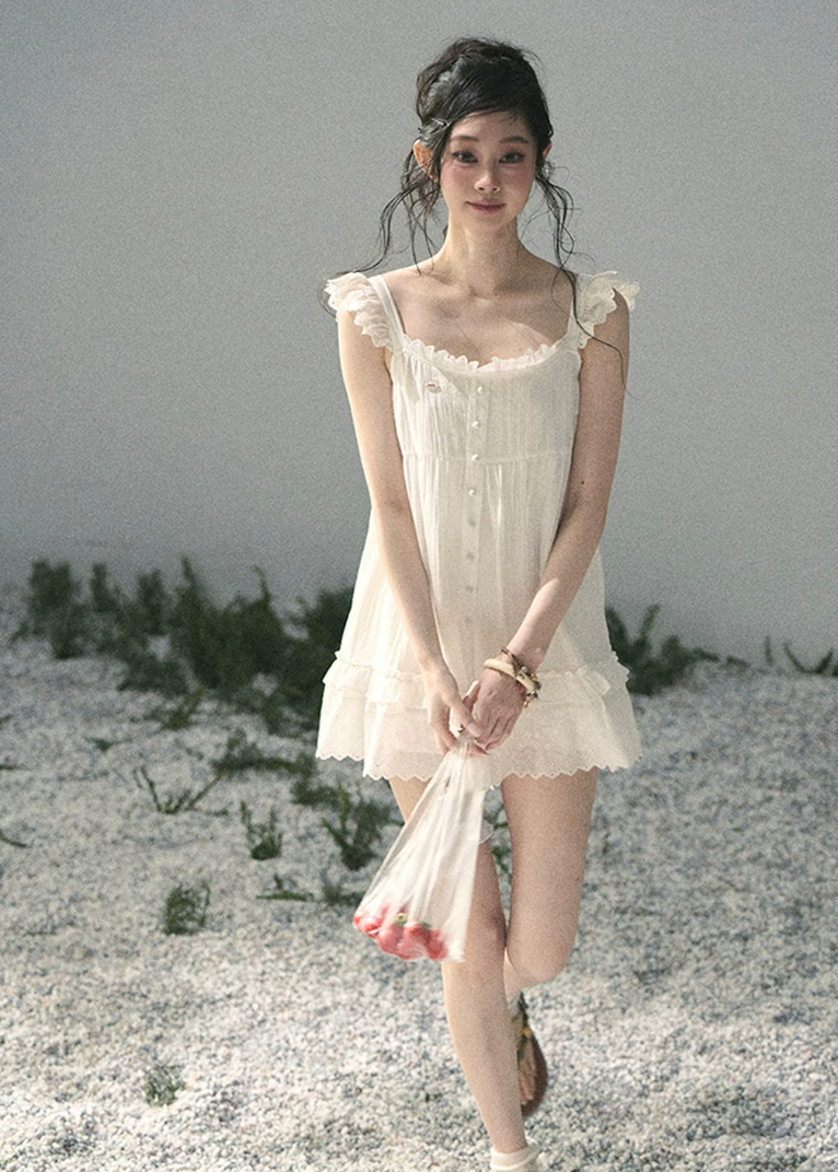 aomalm dress, white lace mini dress, french doll dress, flutter sleeve dress, korean feminine dress, summer lace dress, romantic white dress, button front mini dress, lace trim dress, feminine summer dress, doll mini dress, soft white vacation dress