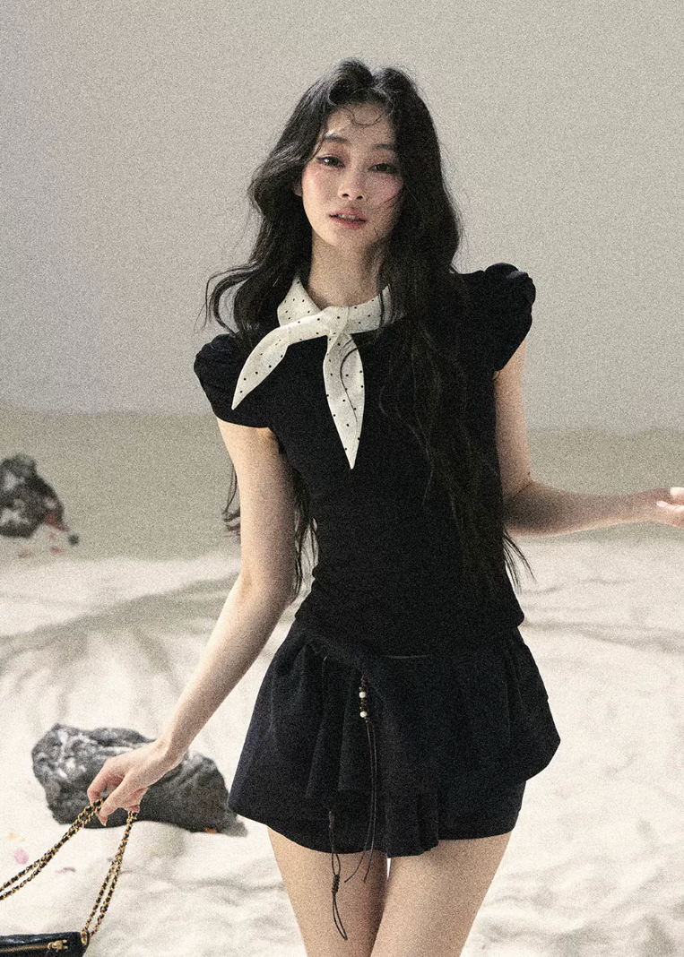 aomalm top, bow puff sleeve top, polka dot bow top, korean feminine top, french vintage top, black slimming top, puff sleeve t-shirt, waist defining top, feminine korean fashion, summer bow top, romantic black top, soft french style top