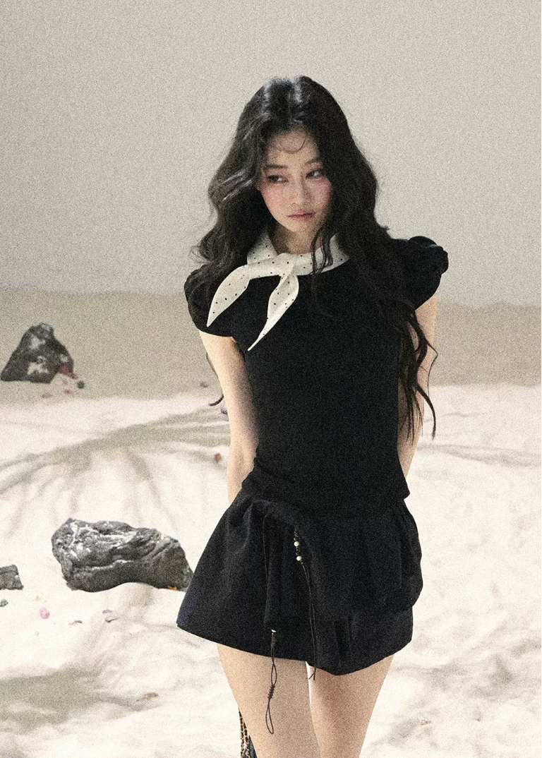 aomalm top, bow puff sleeve top, polka dot bow top, korean feminine top, french vintage top, black slimming top, puff sleeve t-shirt, waist defining top, feminine korean fashion, summer bow top, romantic black top, soft french style top