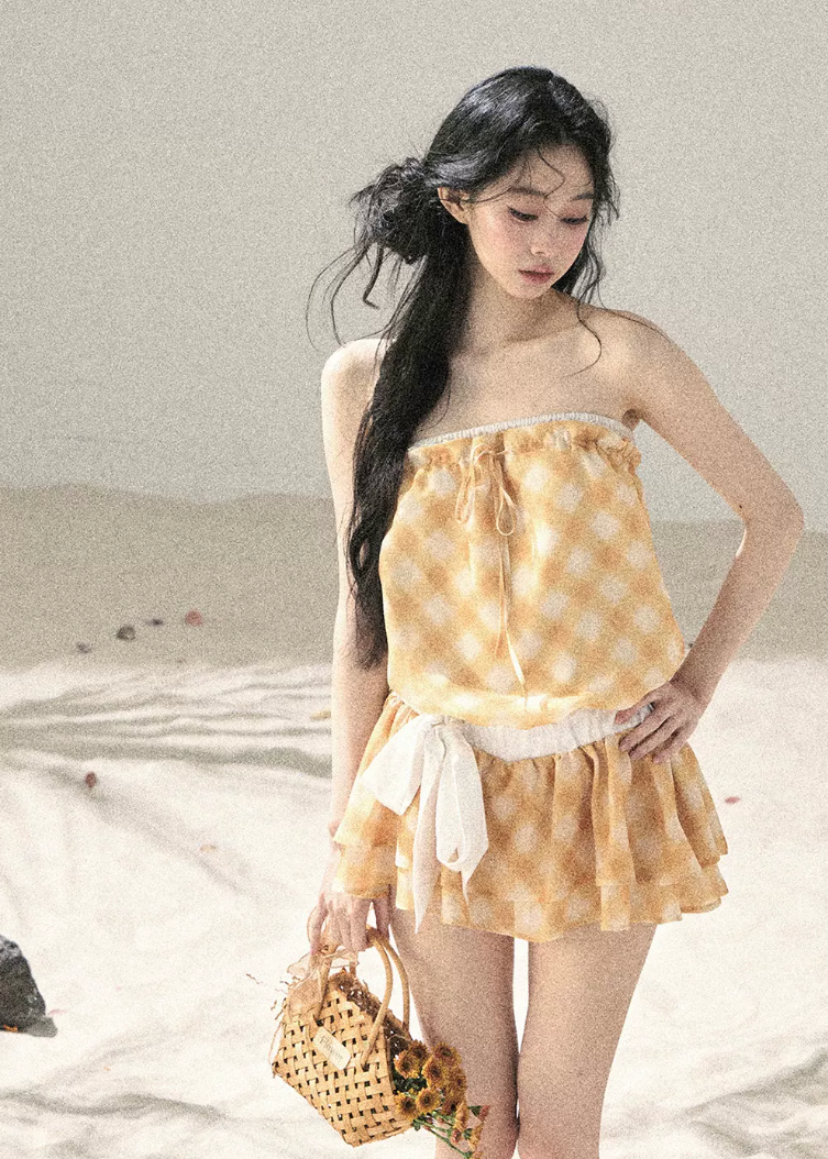 aomalm dress, gingham mini dress, french plaid dress, korean feminine dress, summer mini dress, puffy skirt dress, yellow plaid dress, romantic mini dress, cute korean fashion dress, resort mini dress, feminine summer dress, short plaid dress