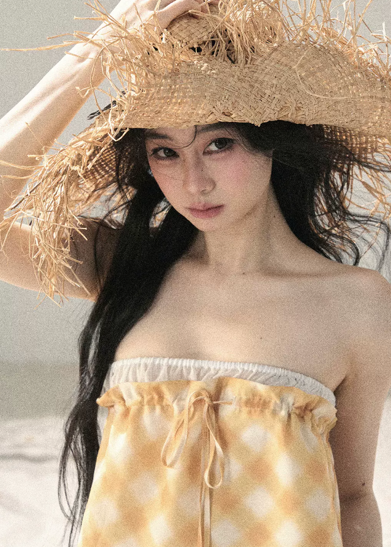 aomalm dress, gingham mini dress, french plaid dress, korean feminine dress, summer mini dress, puffy skirt dress, yellow plaid dress, romantic mini dress, cute korean fashion dress, resort mini dress, feminine summer dress, short plaid dress