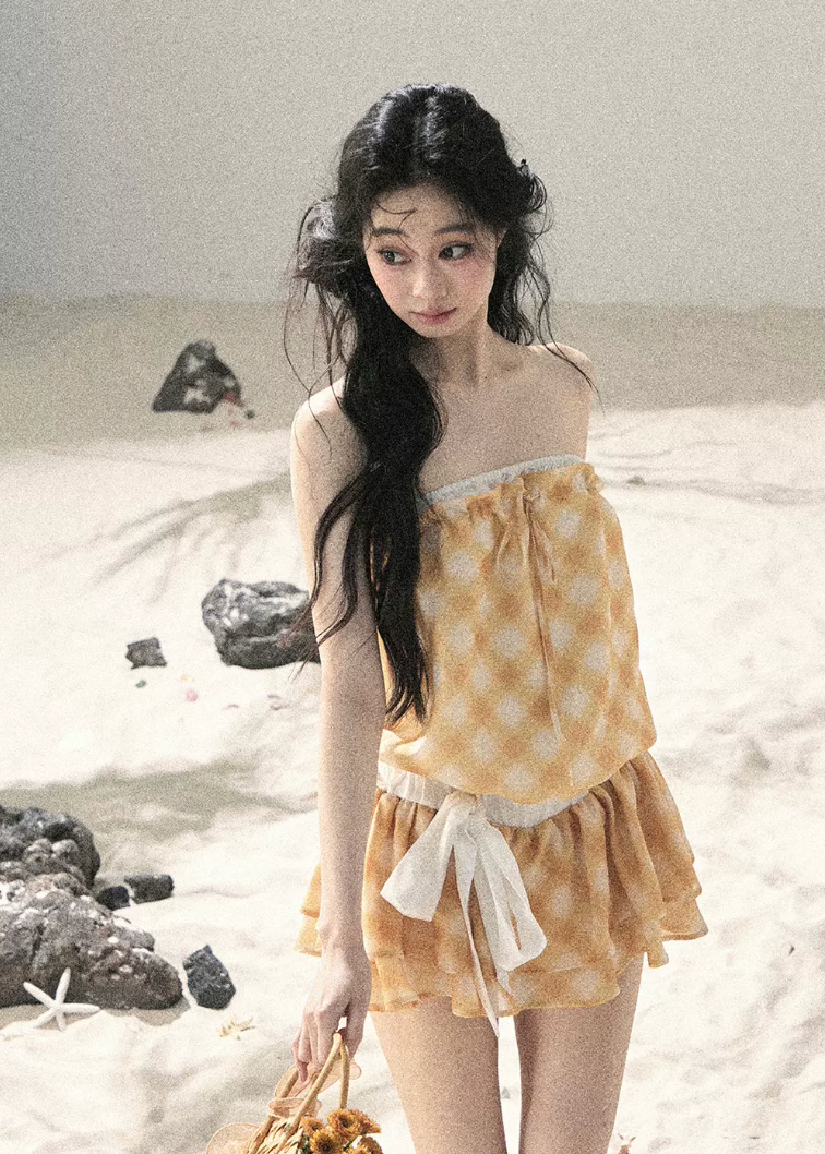aomalm dress, gingham mini dress, french plaid dress, korean feminine dress, summer mini dress, puffy skirt dress, yellow plaid dress, romantic mini dress, cute korean fashion dress, resort mini dress, feminine summer dress, short plaid dress