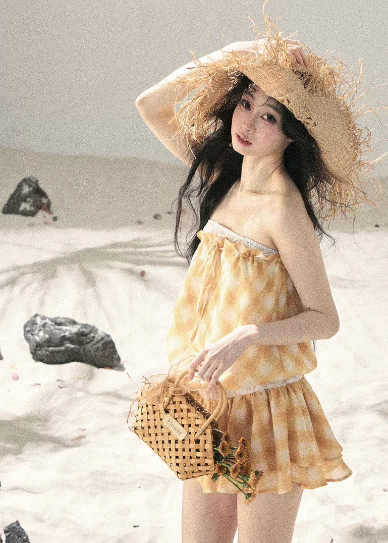 aomalm dress, gingham mini dress, french plaid dress, korean feminine dress, summer mini dress, puffy skirt dress, yellow plaid dress, romantic mini dress, cute korean fashion dress, resort mini dress, feminine summer dress, short plaid dress
