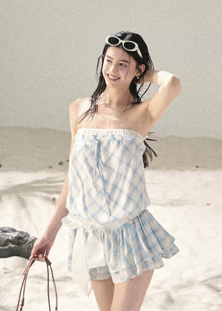 aomalm dress, gingham mini dress, french plaid dress, korean feminine dress, summer mini dress, puffy skirt dress, yellow plaid dress, romantic mini dress, cute korean fashion dress, resort mini dress, feminine summer dress, short plaid dress