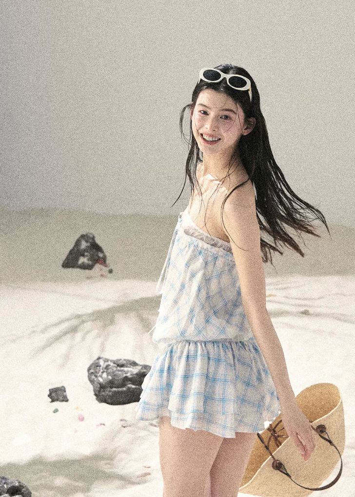 aomalm dress, gingham mini dress, french plaid dress, korean feminine dress, summer mini dress, puffy skirt dress, yellow plaid dress, romantic mini dress, cute korean fashion dress, resort mini dress, feminine summer dress, short plaid dress