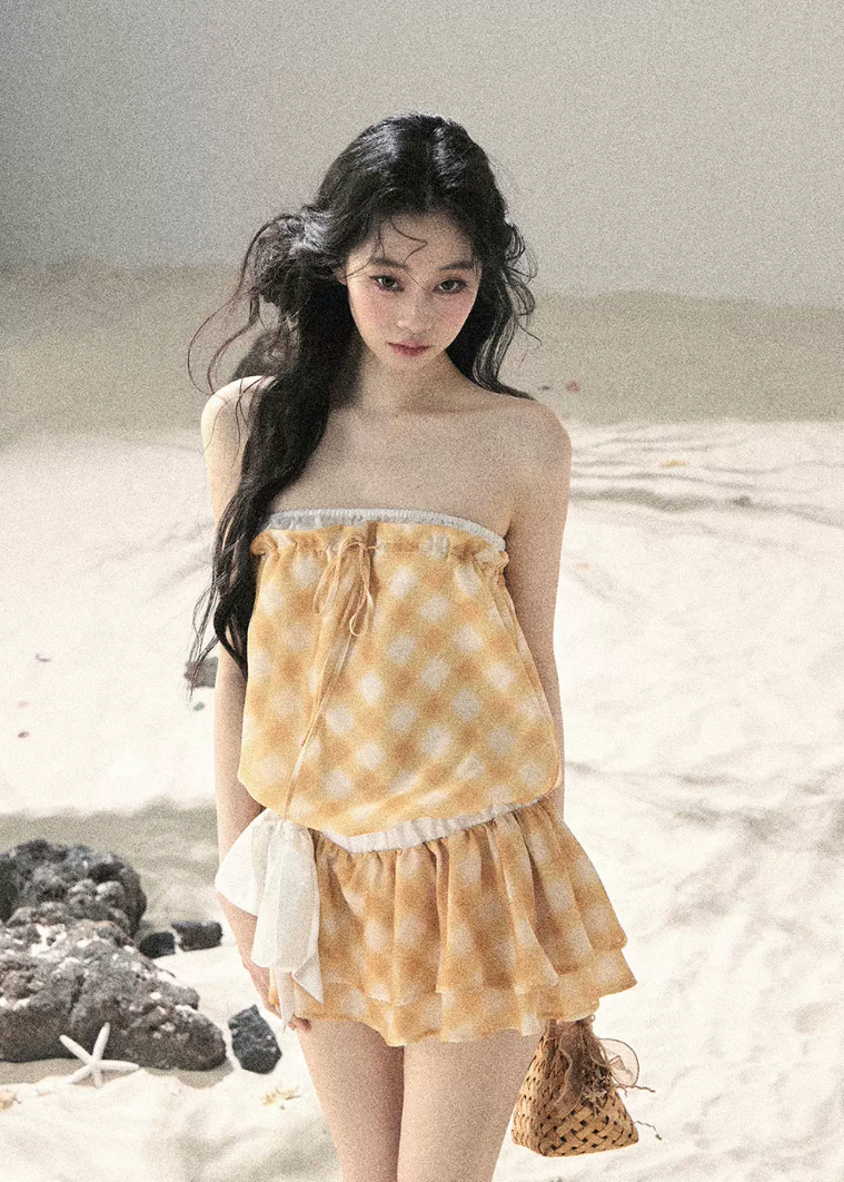 aomalm dress, gingham mini dress, french plaid dress, korean feminine dress, summer mini dress, puffy skirt dress, yellow plaid dress, romantic mini dress, cute korean fashion dress, resort mini dress, feminine summer dress, short plaid dress