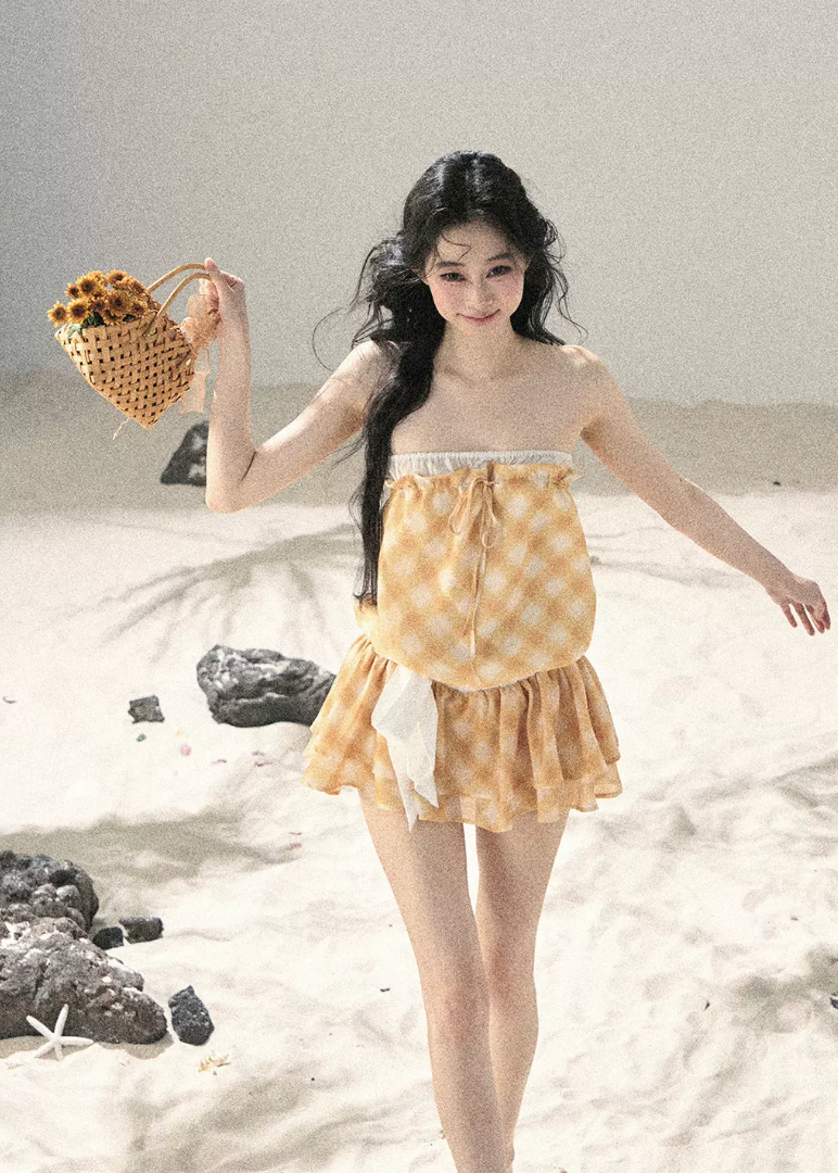 aomalm dress, gingham mini dress, french plaid dress, korean feminine dress, summer mini dress, puffy skirt dress, yellow plaid dress, romantic mini dress, cute korean fashion dress, resort mini dress, feminine summer dress, short plaid dress