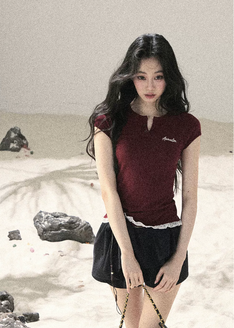 aomalm top, lace hem baby tee, faux layered t-shirt, korean feminine top, american casual top, waist cinching tee, slim summer top, letter embroidered top, lace trim t-shirt, commuter summer top, cropped fitted tee, feminine korean fashion