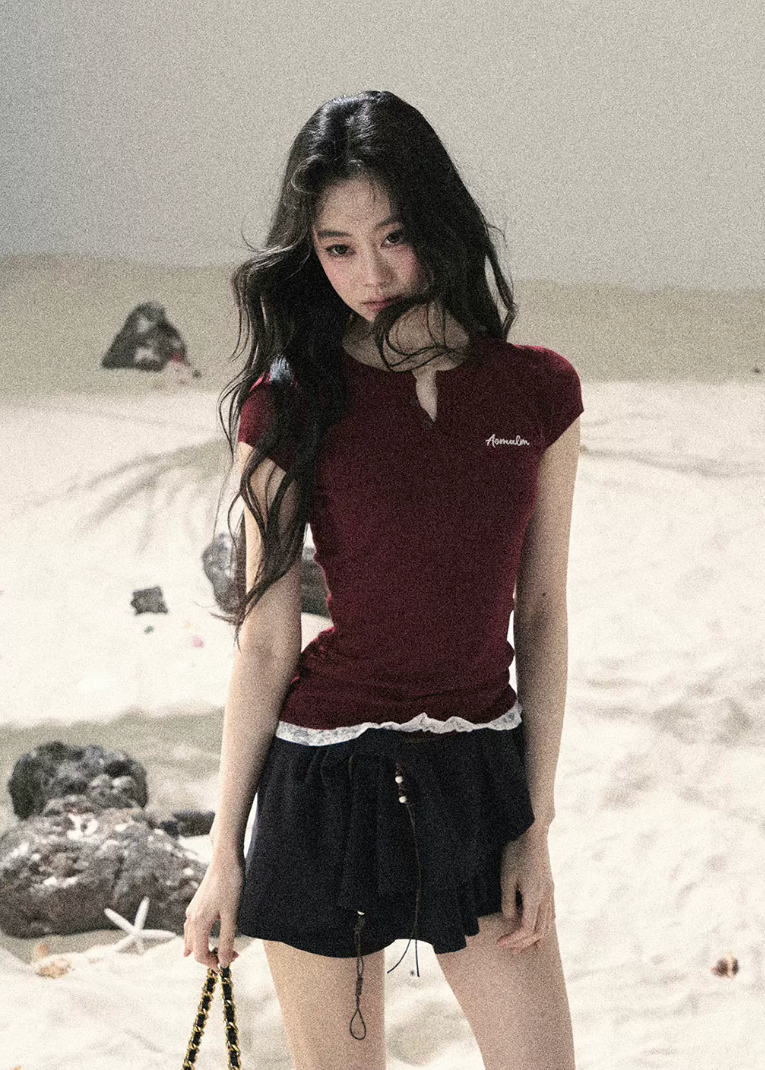 aomalm top, lace hem baby tee, faux layered t-shirt, korean feminine top, american casual top, waist cinching tee, slim summer top, letter embroidered top, lace trim t-shirt, commuter summer top, cropped fitted tee, feminine korean fashion