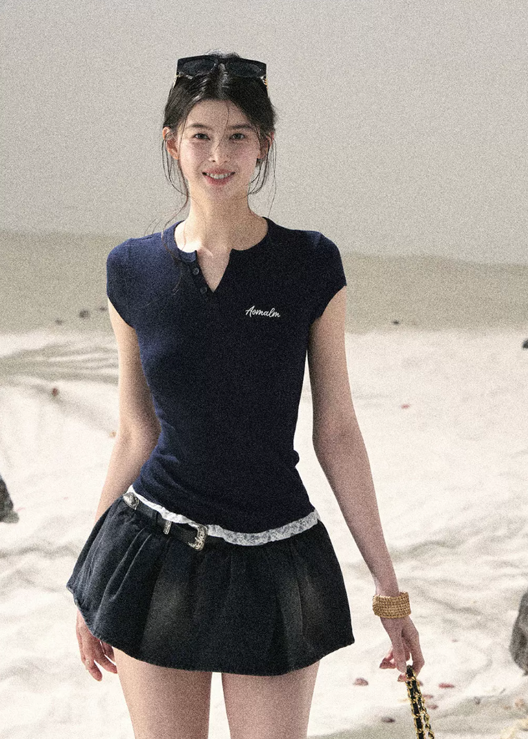 aomalm top, lace hem baby tee, faux layered t-shirt, korean feminine top, american casual top, waist cinching tee, slim summer top, letter embroidered top, lace trim t-shirt, commuter summer top, cropped fitted tee, feminine korean fashion
