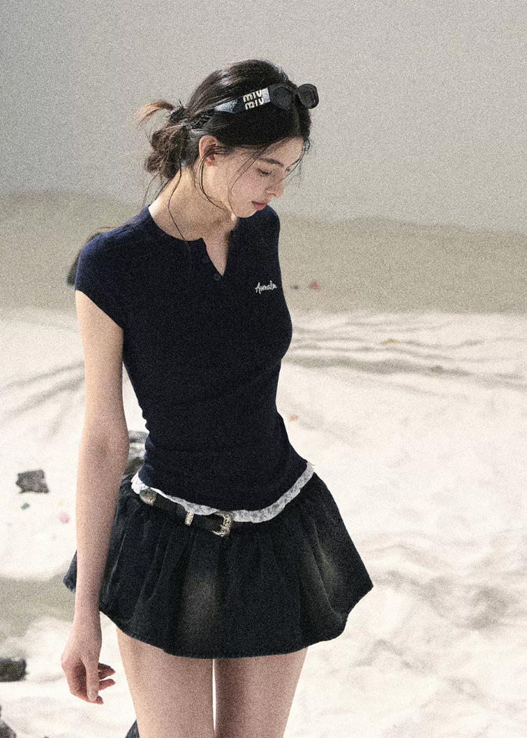 aomalm top, lace hem baby tee, faux layered t-shirt, korean feminine top, american casual top, waist cinching tee, slim summer top, letter embroidered top, lace trim t-shirt, commuter summer top, cropped fitted tee, feminine korean fashion