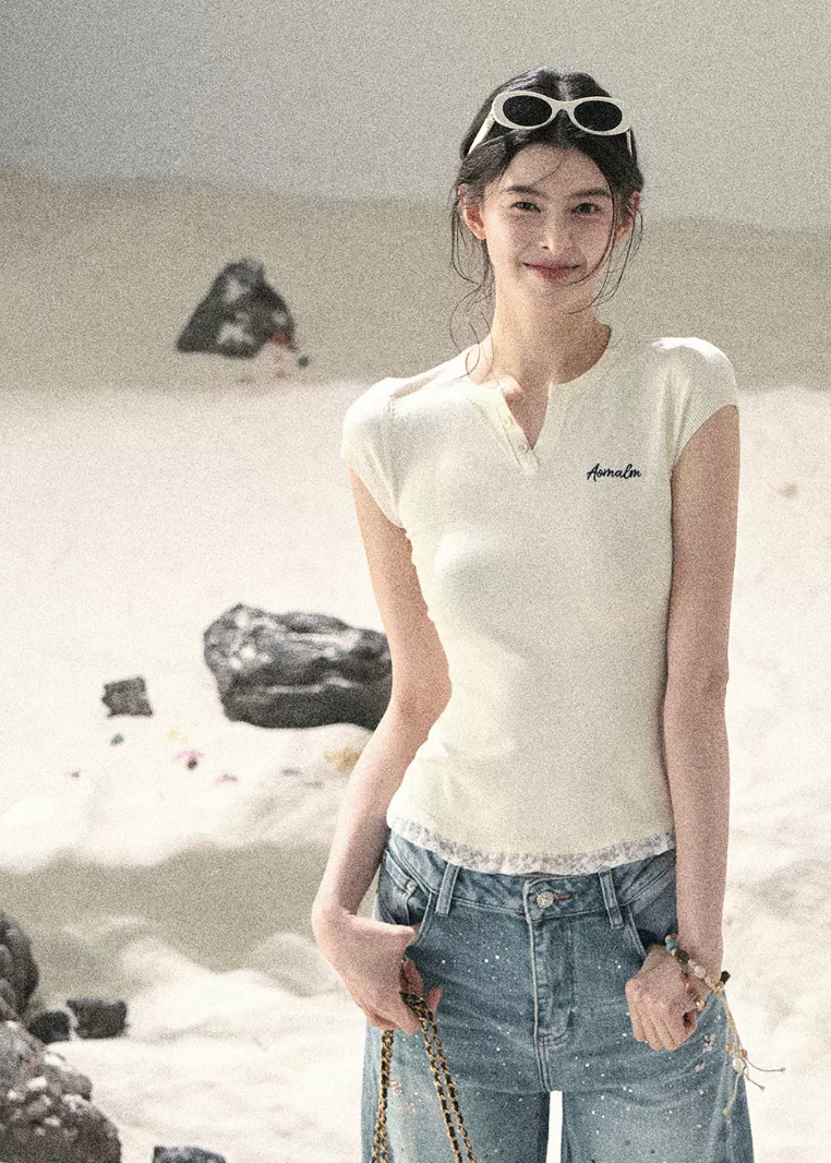 aomalm top, lace hem baby tee, faux layered t-shirt, korean feminine top, american casual top, waist cinching tee, slim summer top, letter embroidered top, lace trim t-shirt, commuter summer top, cropped fitted tee, feminine korean fashion