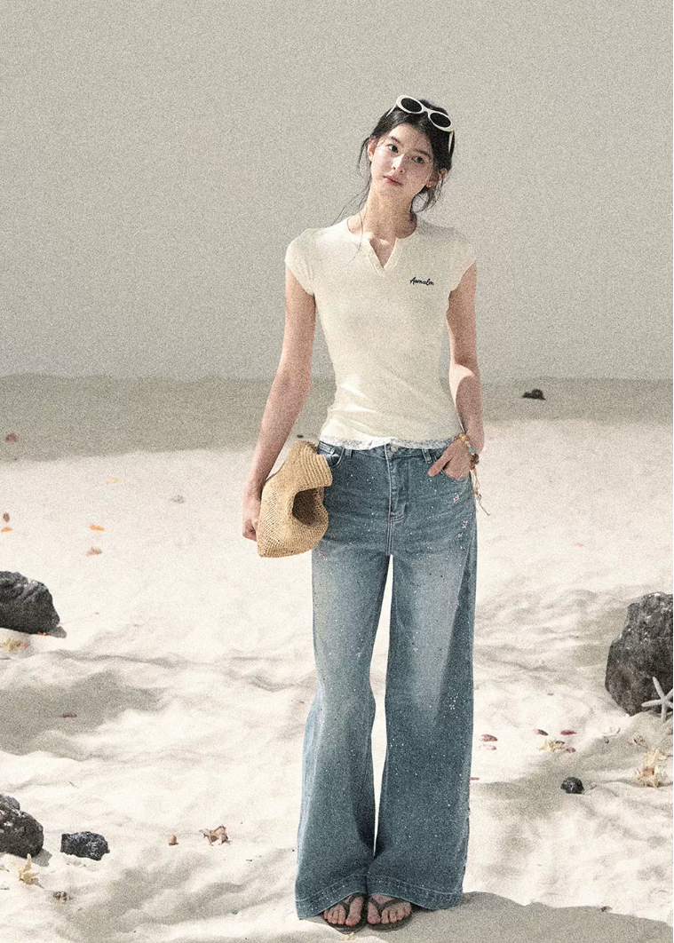 aomalm top, lace hem baby tee, faux layered t-shirt, korean feminine top, american casual top, waist cinching tee, slim summer top, letter embroidered top, lace trim t-shirt, commuter summer top, cropped fitted tee, feminine korean fashion