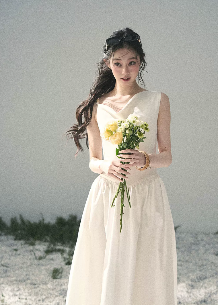 aomalm dress, white maxi dress, summer sundress, korean feminine dress, french style maxi dress, cotton skirt dress, sleeveless long dress, romantic summer dress, resort maxi dress, elegant white dress, moonlight sonata dress, feminine korean fashion