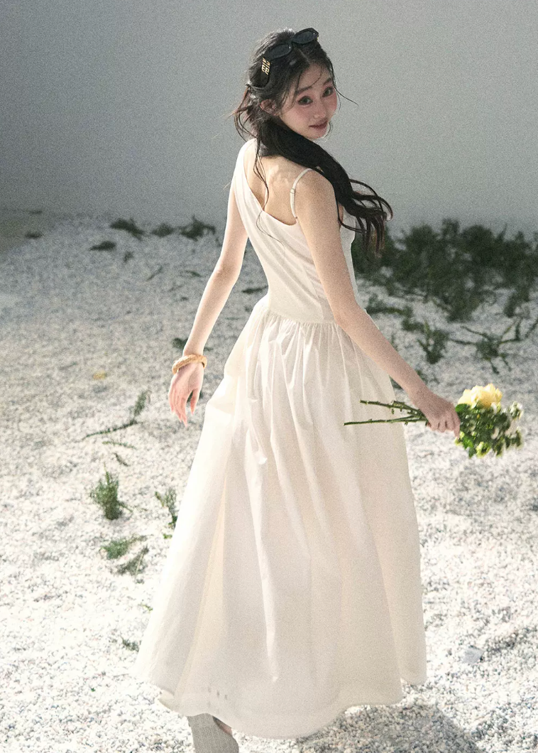 aomalm dress, white maxi dress, summer sundress, korean feminine dress, french style maxi dress, cotton skirt dress, sleeveless long dress, romantic summer dress, resort maxi dress, elegant white dress, moonlight sonata dress, feminine korean fashion