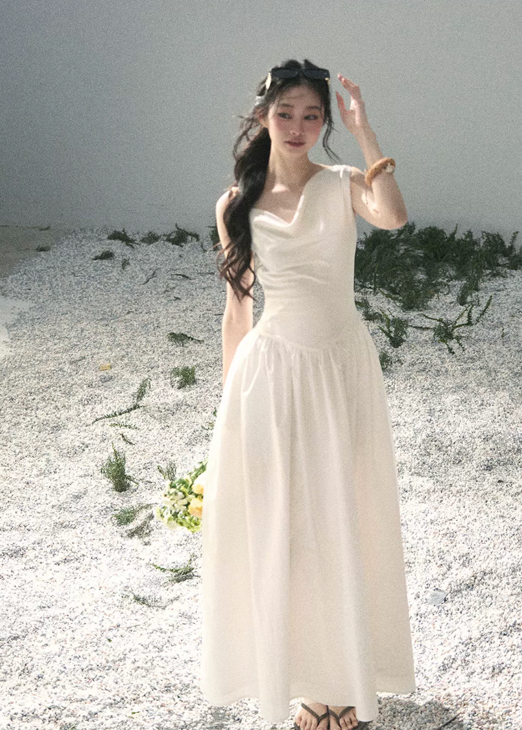 aomalm dress, white maxi dress, summer sundress, korean feminine dress, french style maxi dress, cotton skirt dress, sleeveless long dress, romantic summer dress, resort maxi dress, elegant white dress, moonlight sonata dress, feminine korean fashion