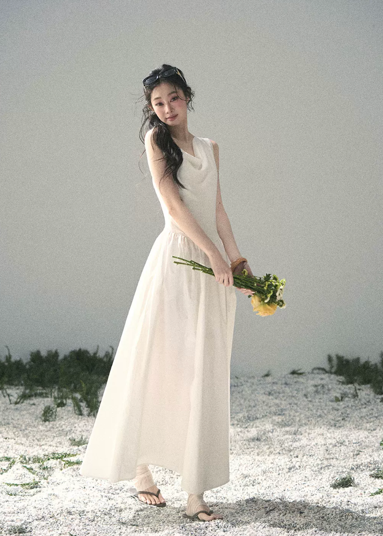 aomalm dress, white maxi dress, summer sundress, korean feminine dress, french style maxi dress, cotton skirt dress, sleeveless long dress, romantic summer dress, resort maxi dress, elegant white dress, moonlight sonata dress, feminine korean fashion
