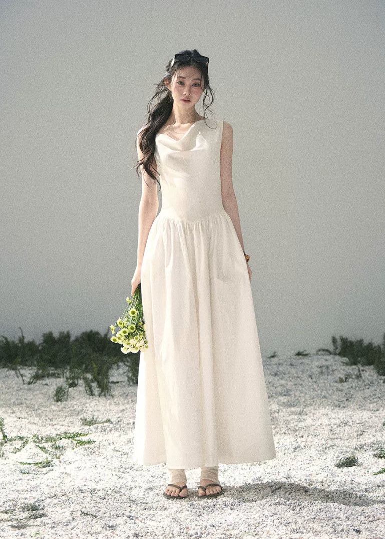 aomalm dress, white maxi dress, summer sundress, korean feminine dress, french style maxi dress, cotton skirt dress, sleeveless long dress, romantic summer dress, resort maxi dress, elegant white dress, moonlight sonata dress, feminine korean fashion