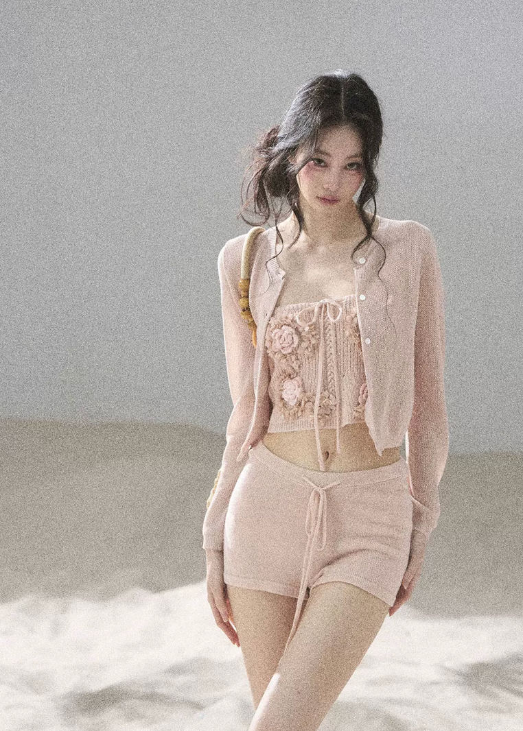 aomalm set, three piece summer set, floral bandeau top, korean feminine set, cardigan shorts set, 3d floral top, french summer outfit, pink knit set, resort three piece set, feminine korean fashion, summer shorts outfit, romantic floral set
