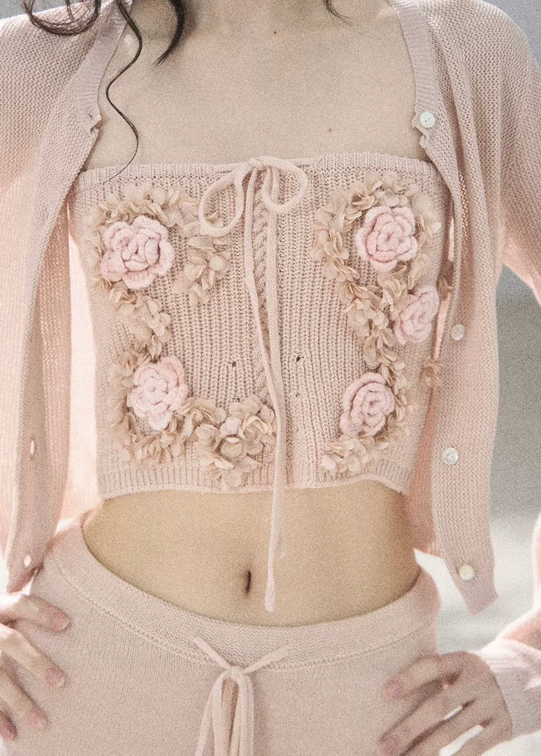 aomalm set, three piece summer set, floral bandeau top, korean feminine set, cardigan shorts set, 3d floral top, french summer outfit, pink knit set, resort three piece set, feminine korean fashion, summer shorts outfit, romantic floral set