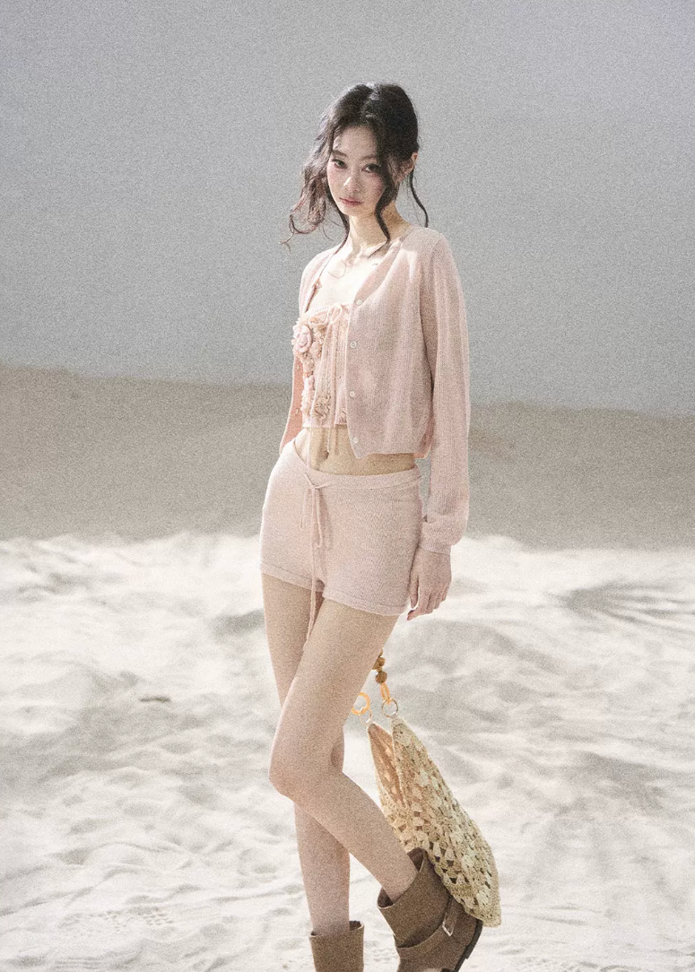 aomalm set, three piece summer set, floral bandeau top, korean feminine set, cardigan shorts set, 3d floral top, french summer outfit, pink knit set, resort three piece set, feminine korean fashion, summer shorts outfit, romantic floral set
