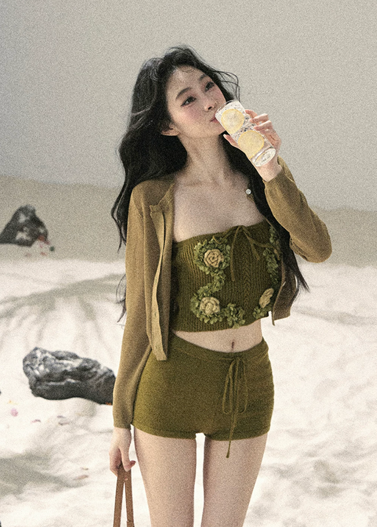 aomalm set, three piece summer set, floral bandeau top, korean feminine set, cardigan shorts set, 3d floral top, french summer outfit, pink knit set, resort three piece set, feminine korean fashion, summer shorts outfit, romantic floral set