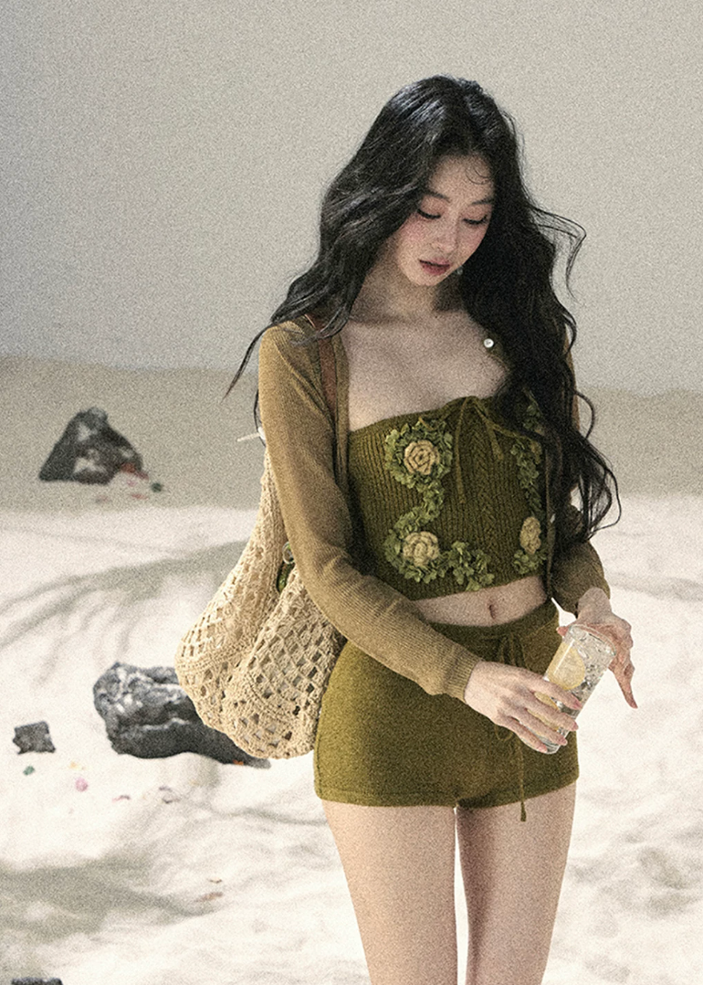aomalm set, three piece summer set, floral bandeau top, korean feminine set, cardigan shorts set, 3d floral top, french summer outfit, pink knit set, resort three piece set, feminine korean fashion, summer shorts outfit, romantic floral set