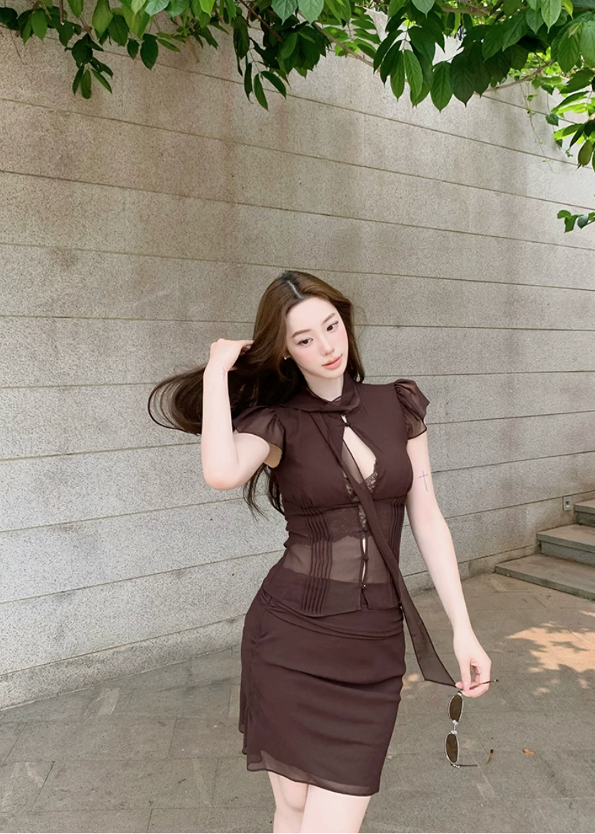 hollow tie neck top, hip wrap skirt set, mermaid skirt set, Korean feminine set, ruffled shirt set, sheer panel two piece set, keyhole top and skirt, romantic skirt set, fitted two piece outfit, date night outfit, elegant Korean fashion, feminine co ord set, caramel brown skirt set, pure desire outfit, summer skirt set